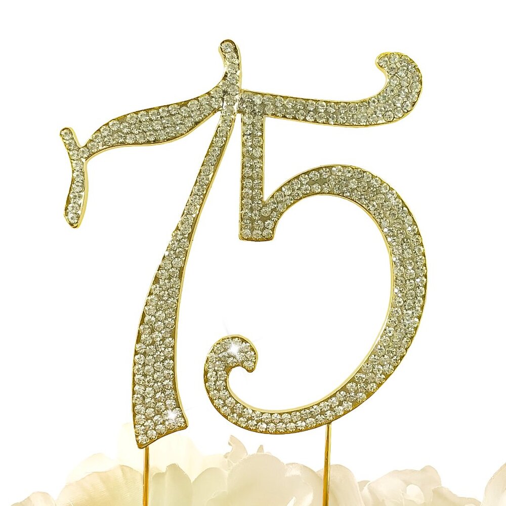 Rhinestone Cake Topper - Number 75- Gold Metal with Czech Rhinestones